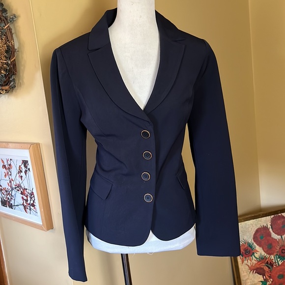ATELIER Size 12 Navy Blue Stretch Blazer Lined
4 Gold Trimmed Buttons Career - Picture 2 of 16
